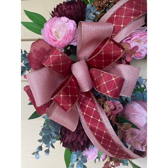 Pink Velvet Pumpkin Wreath, Burgundy & Blush Grapevine, Elegant Fall Front Door - Picture 2 of 7